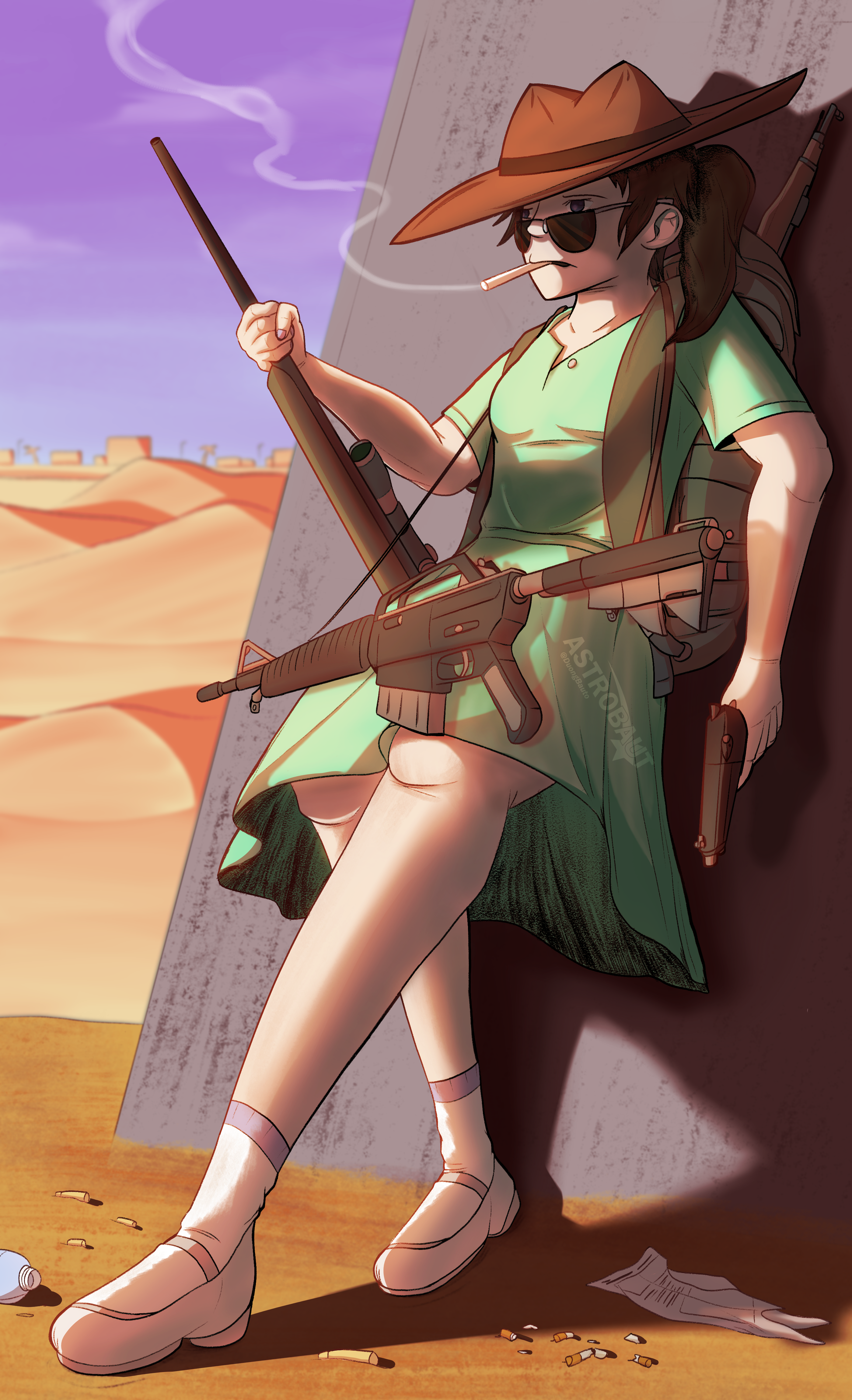 A girl armed with several weapons leans on a wall in a desert