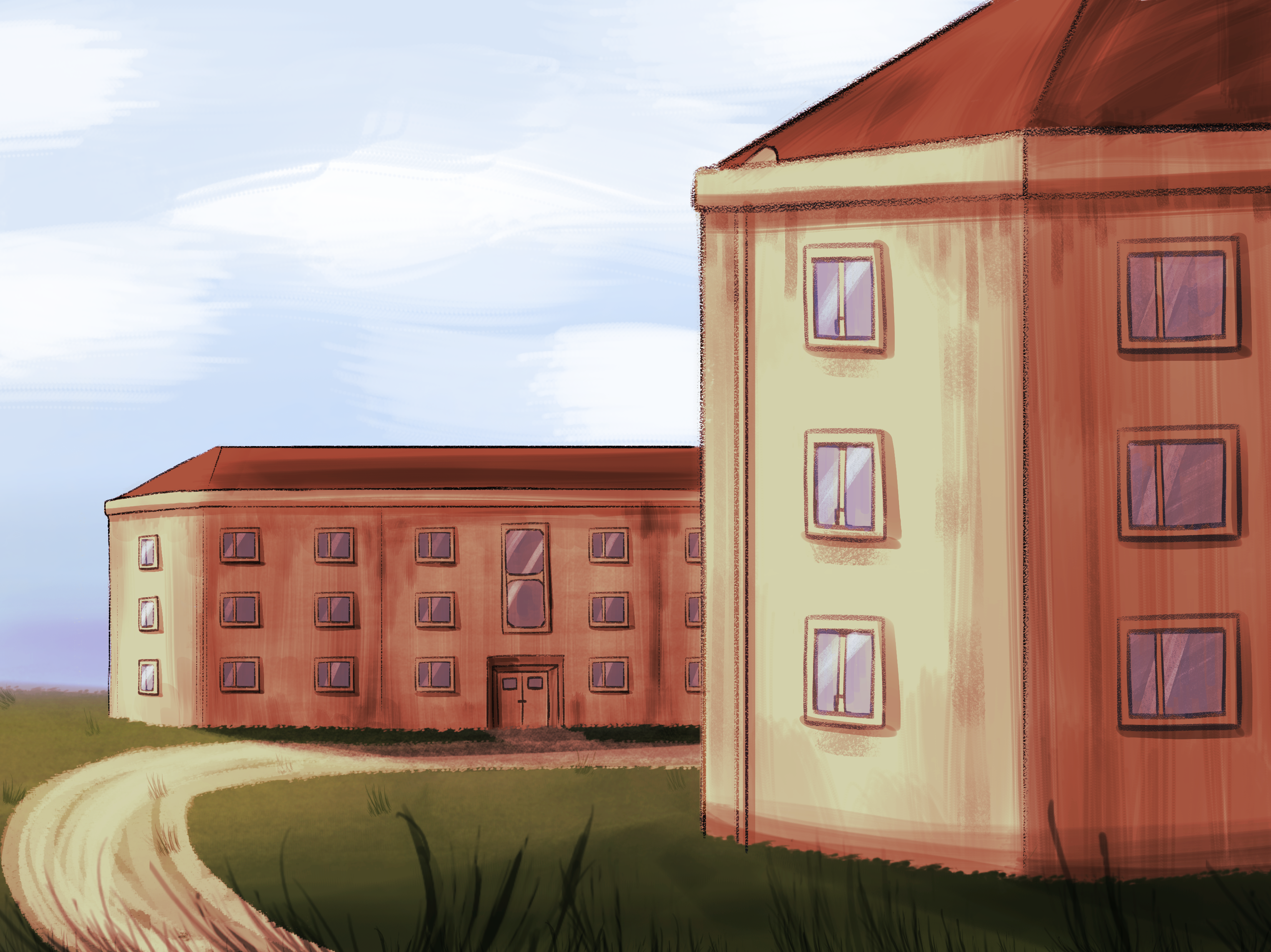 Two apartment buildings in grassland